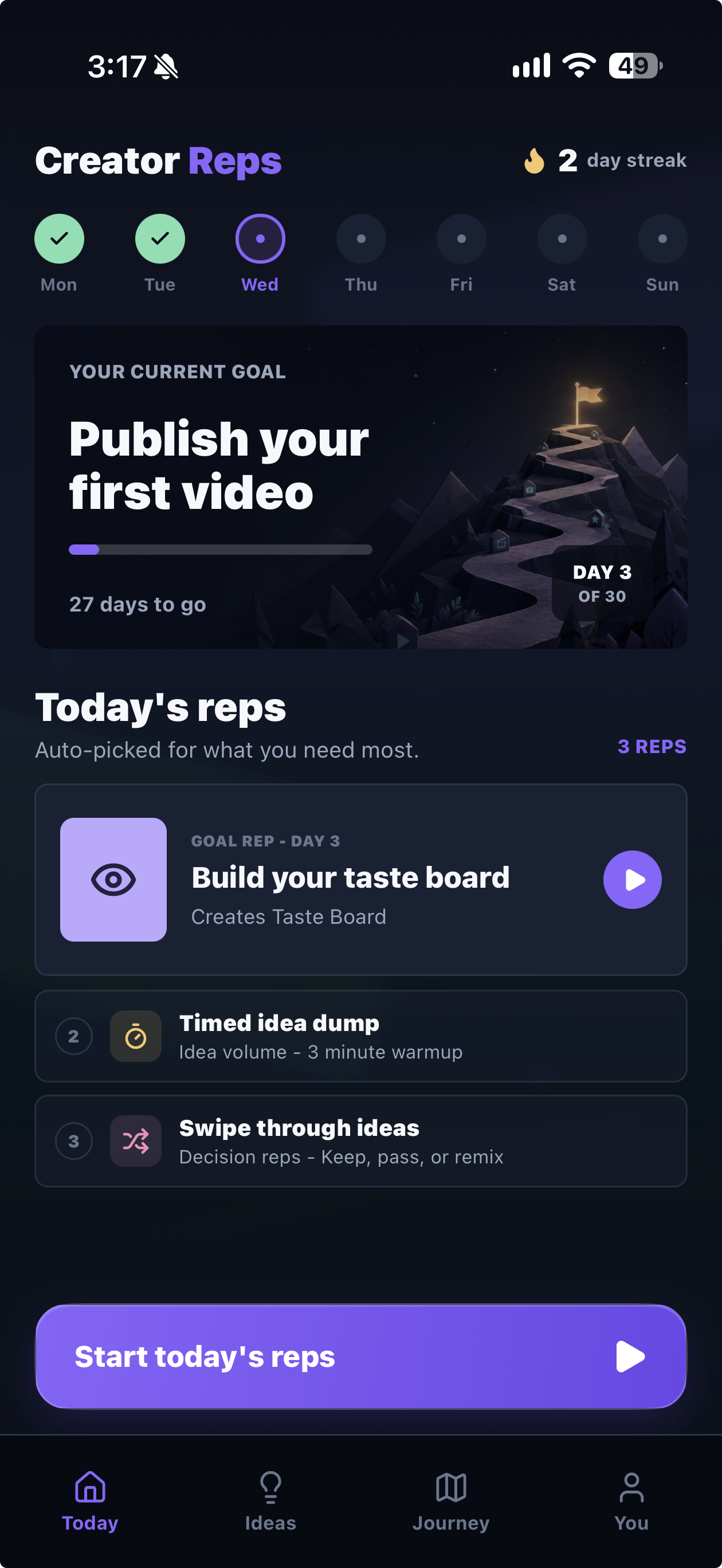 Creator Reps app showing today's reps